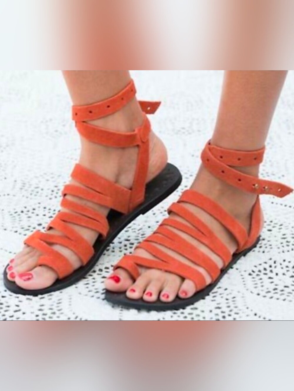 Free People Orange Multi-Strap Ankle-Wrap Sandals Size 37